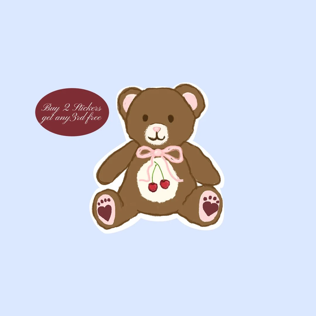 Bittersweet Bear Sticker – Vintage Teddy Bear with Cherry Charm| Cute Nostalgic Art. 3.17" x 3.54". Lettermail *untracked