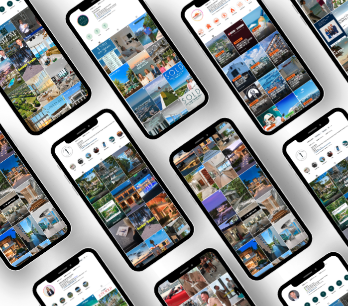 Multiple smartphones displaying real estate listings and property images, arranged in a pattern.