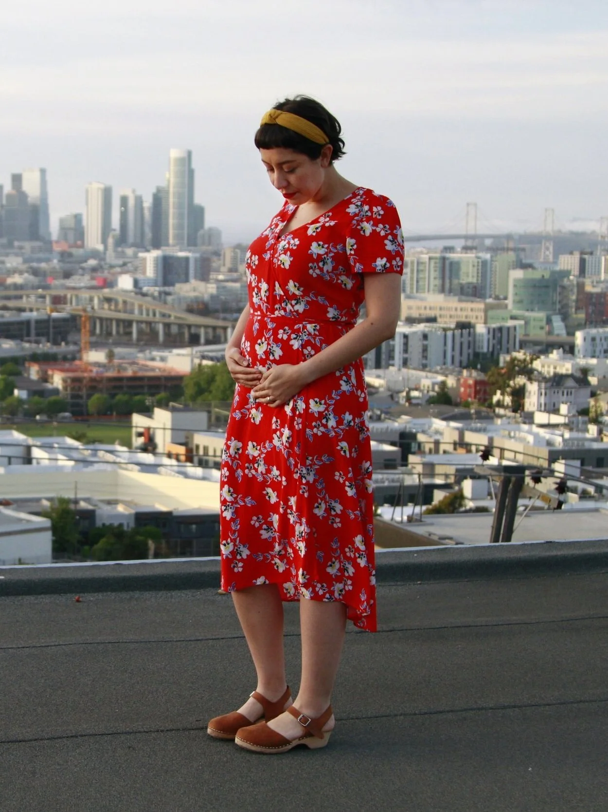 Second trimester (17 weeks): Announcement photos on the roof of our apartment in San Francisco.