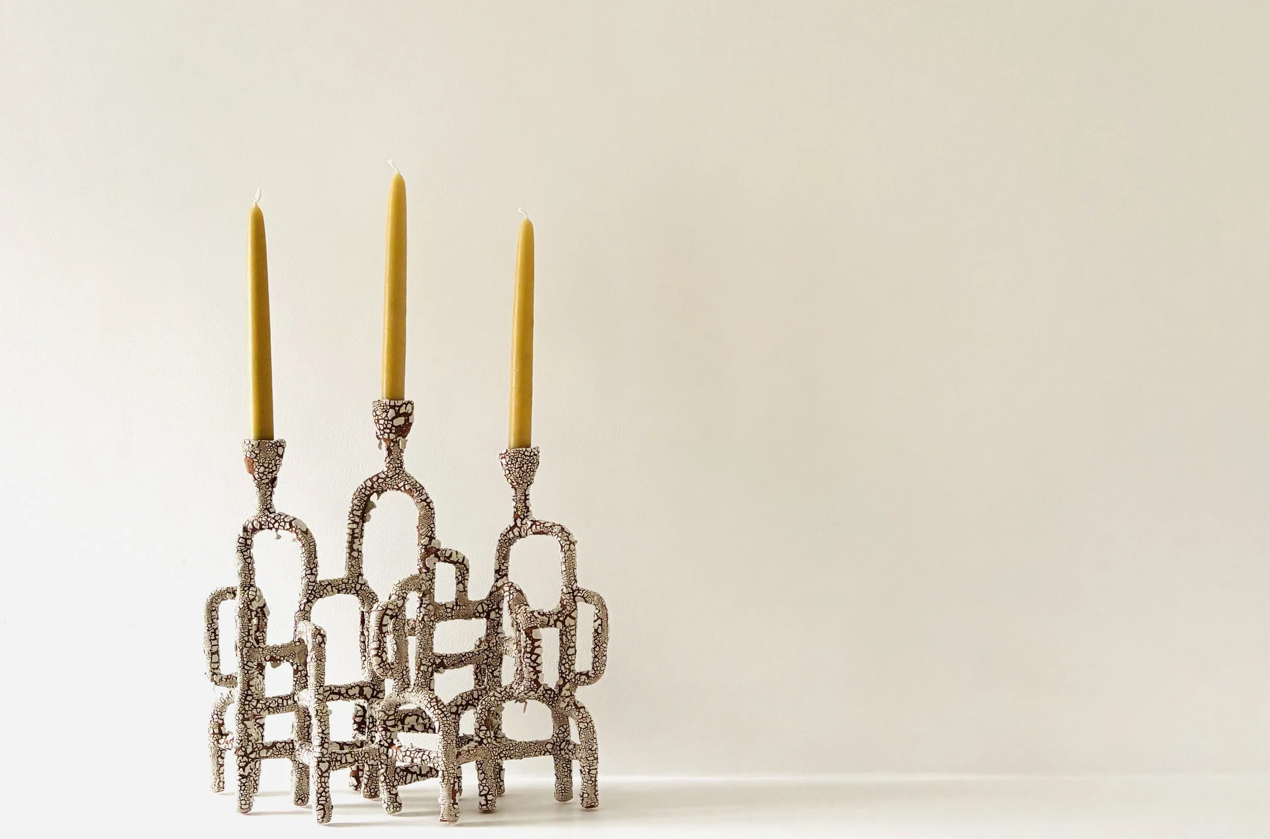 3 sconce cracked earth candelabra in terracotta clay with 3 beeswax candles