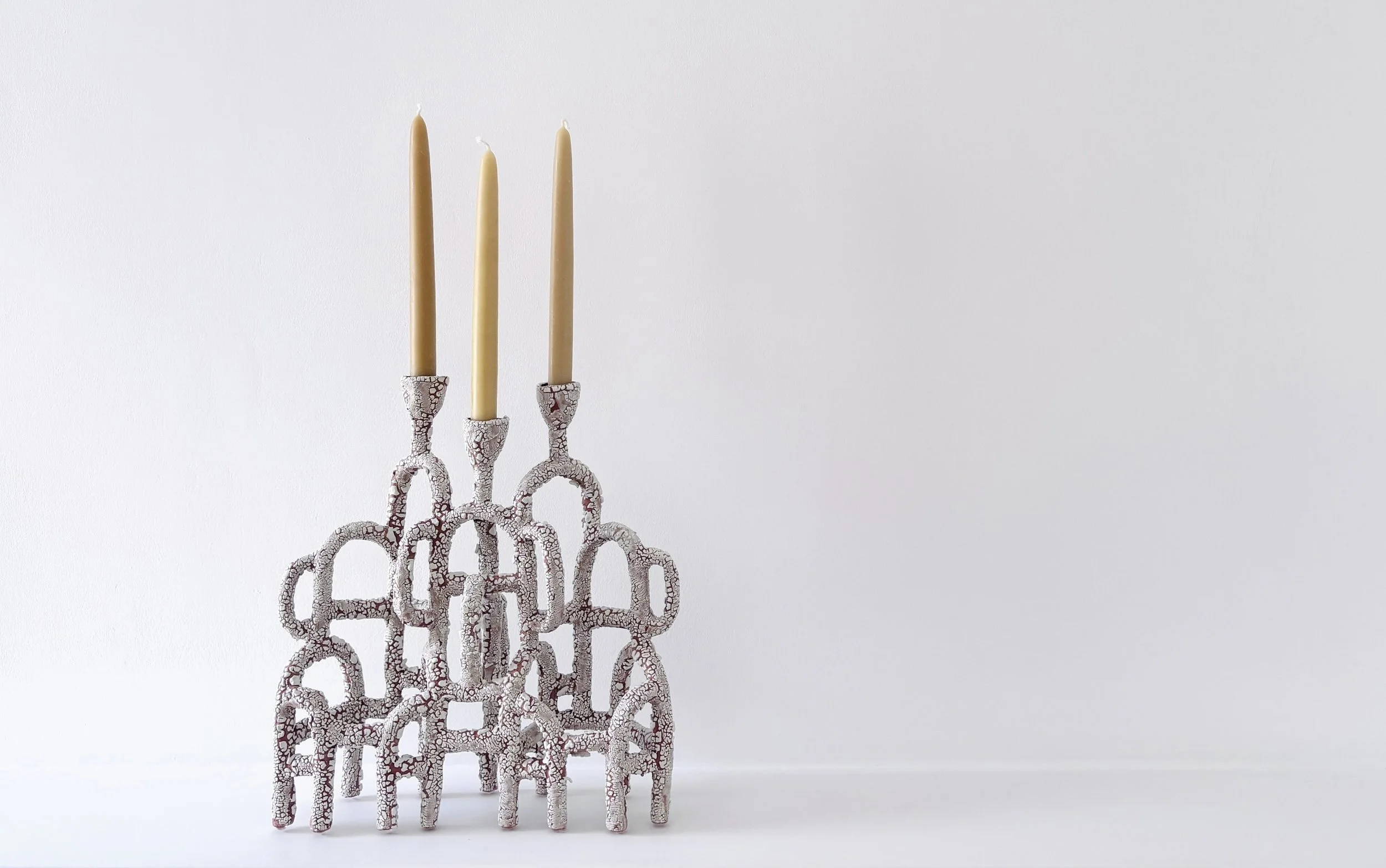 Ceramic candelabra terracotta with crackled glaze 3 yellow beeswax candles