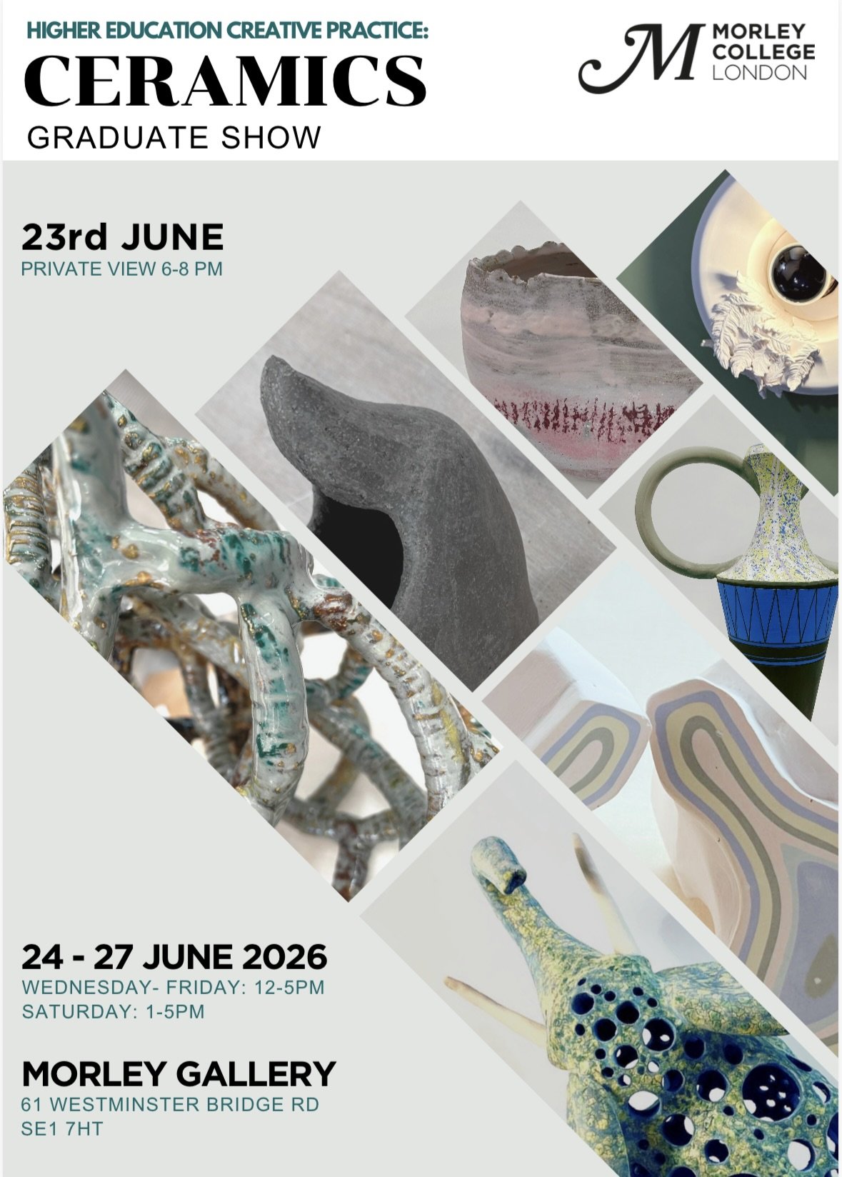 invitation to Higher Education Ceramics Graduate Show, multi coloured images of snippets of work, dates and details