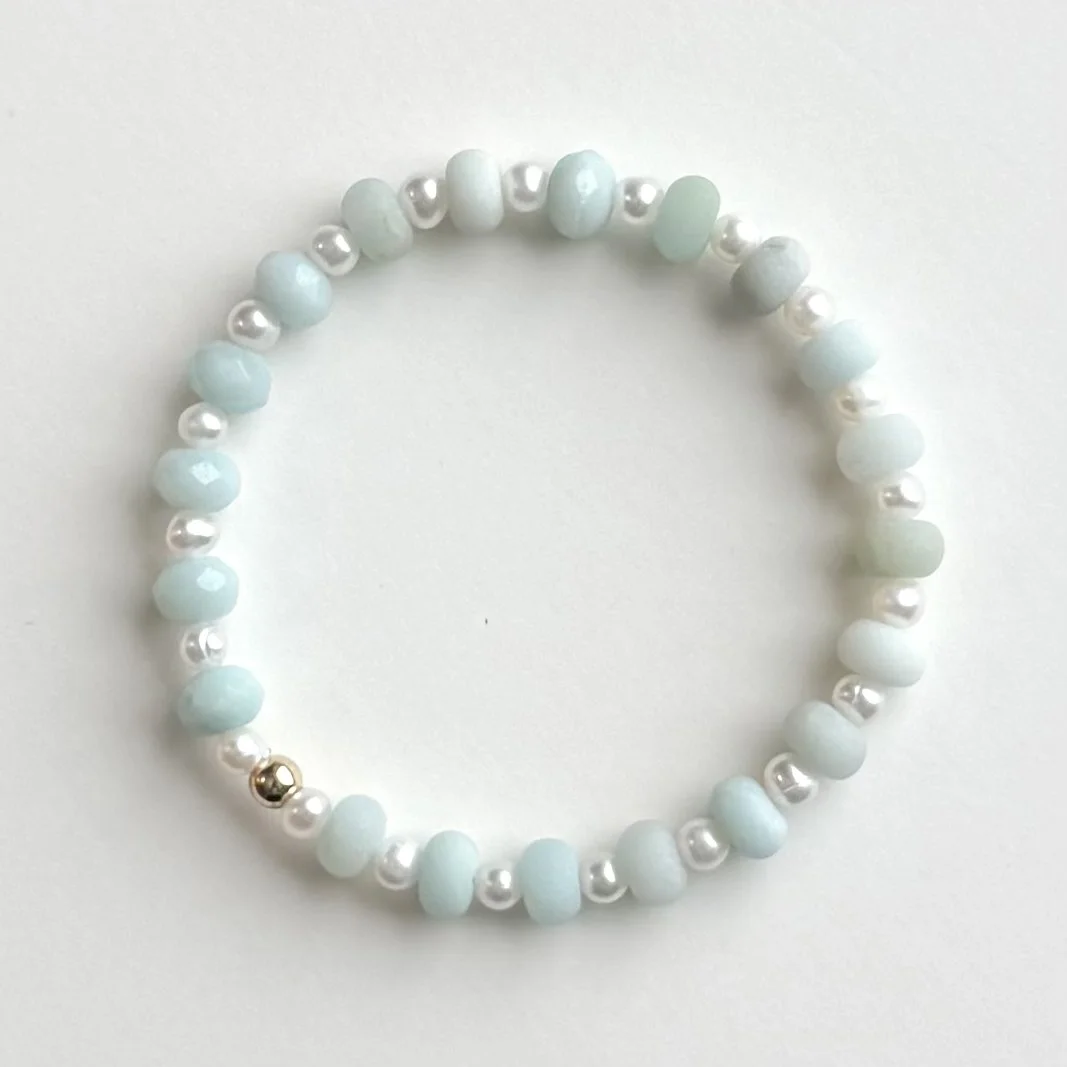 Aqua Sea Glass and Pearl Stretch Bracelet