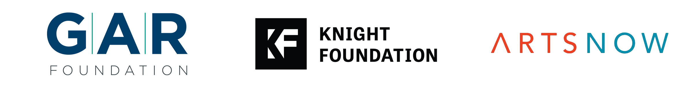 The logos of the GAR Foundation, Knight Foundation, and ArtsNow.
