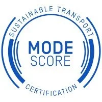 Logo featuring the words 'Sustainable Transport Certification' and 'Mode Score' in black text within circular lines.