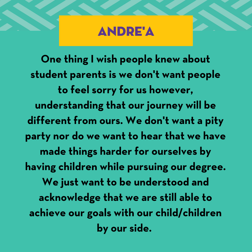 Text about student parents' experiences and desire for understanding, not pity, while pursuing degrees with children.