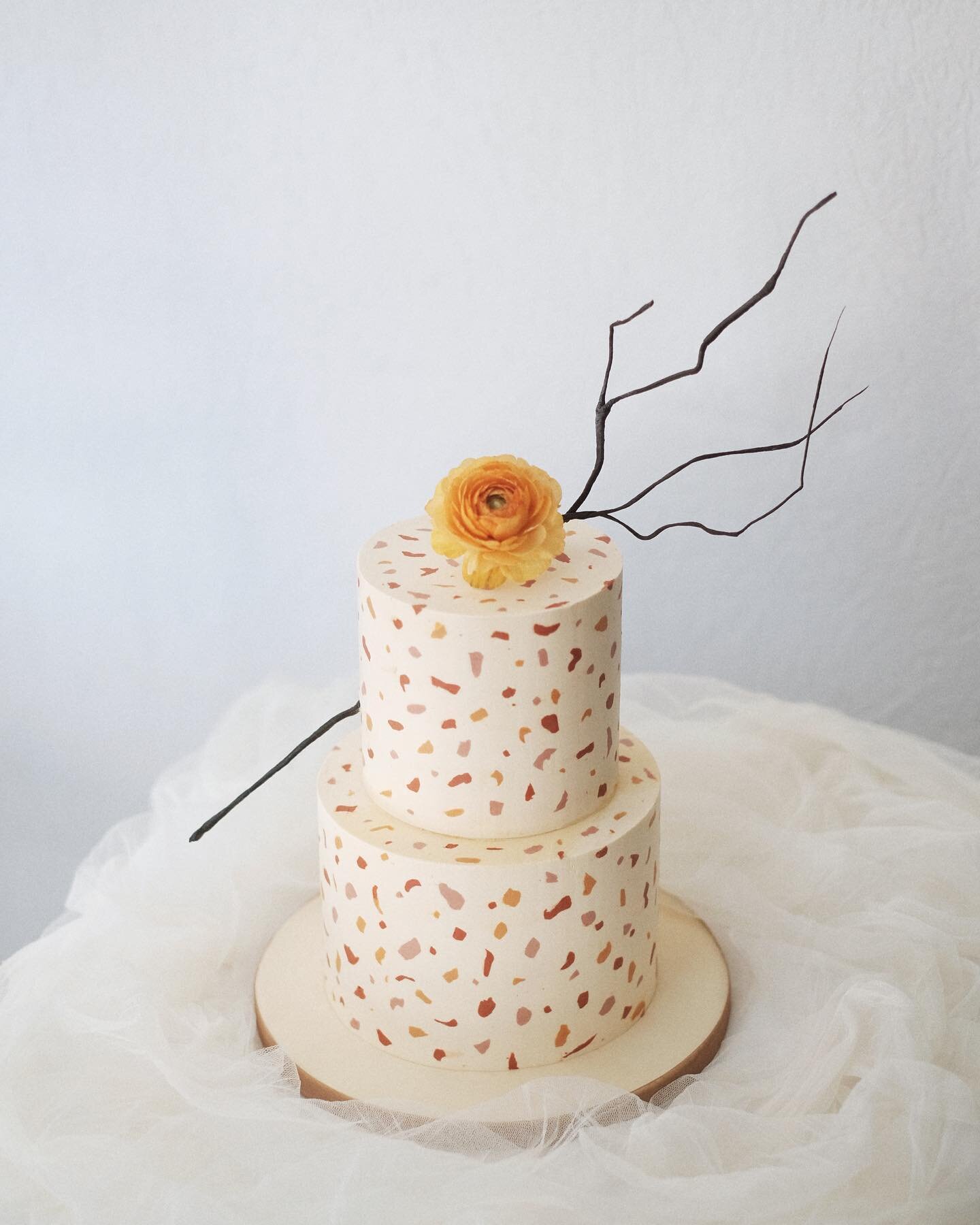 I&rsquo;m definitely late to the &ldquo;first day of fall&rdquo; post, but this cake is just the perfect fall colour combo!!

Our Pre-Designed Cake as a two tier with a custom colour palette 🧡💛🤍

#buttercreamcake #waferpaper #ranunculus #terrazzo 