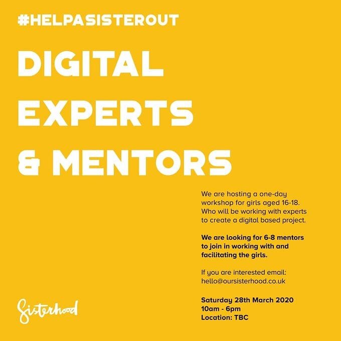 @oursisterhood are looking for womxn with digital careers &amp; skills (think ux/ui, coding, filters, ai, web, app, design). Want to work with young girls on creating a digital project? Please get in touch with @oursisterhood

#digitalskills #helpasi