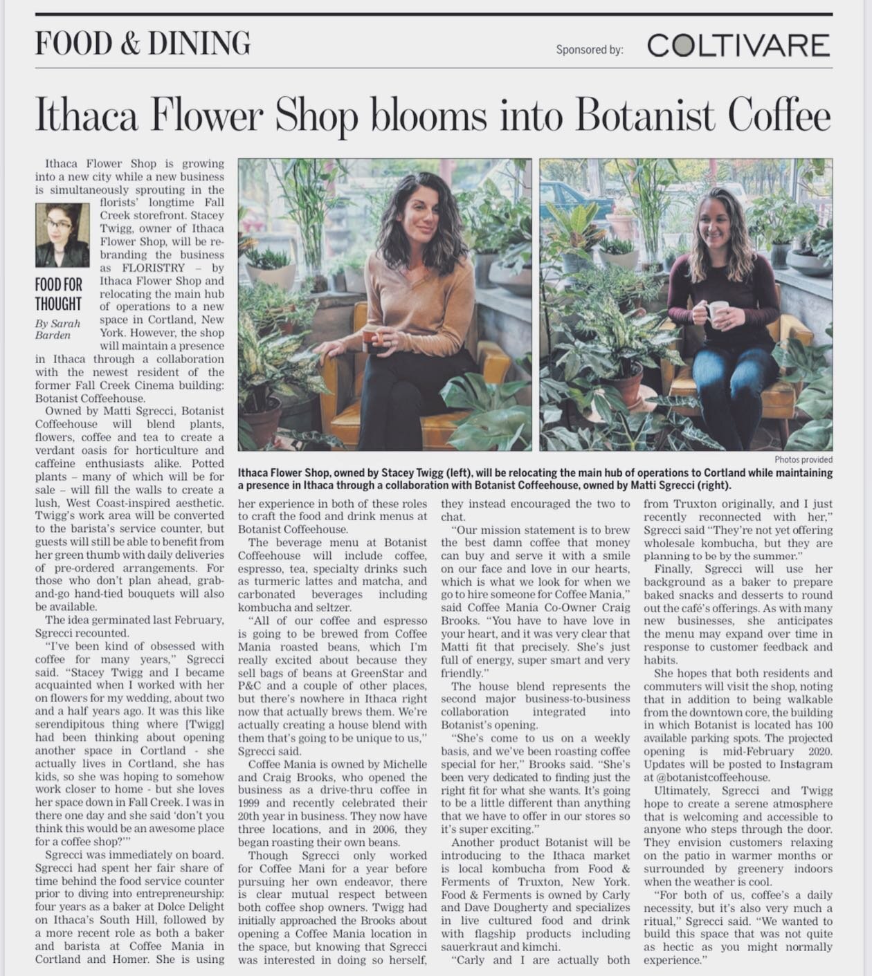 a bit of Botanist buzz hit the presses today as @tompkinsweekly, page 6 📰🐝☕️🌿
.
thank you to Sarah [ @ithacaisfoodies ] for the highlight and super rundown of our caffeinated, planty vision!

endlessly stoked to be in the company of @ithacaflowers
