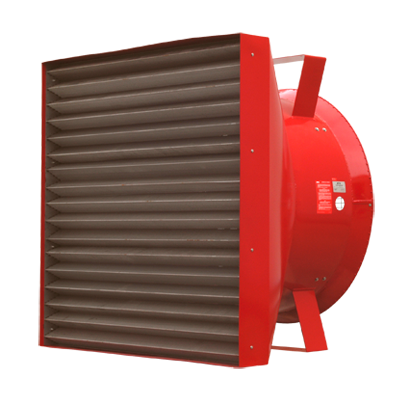 Ventilateur industriel rouge avec lames inclinées.
