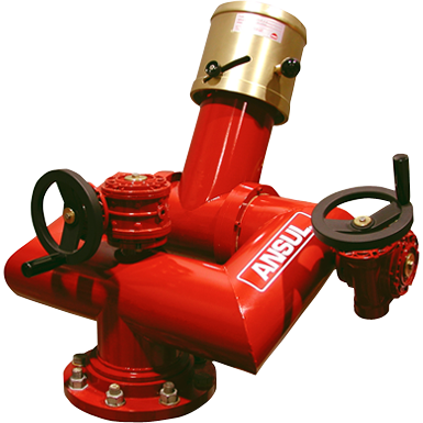 Système de vanne d'incendie rouge avec manomètres, marqué "ANSUL".
