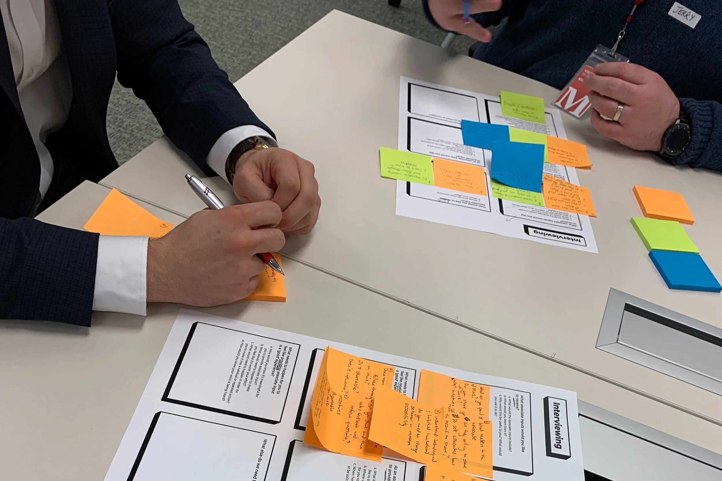 Workshop participants worked with interview questions in pairs. They were asked to articulate the perspective of associates providing input, as well as those of the leadership teams receiving associate input.