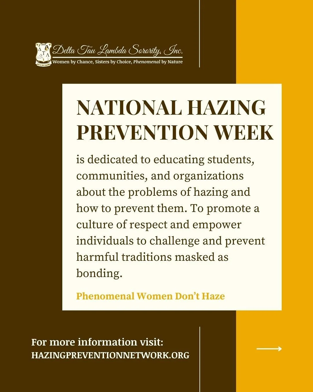 🚫 We stand against hazing.

💜 Delta Tau Lambda Sorority, Inc. is proud to support National Hazing Prevention Week! Let&rsquo;s come together to raise awareness about the importance of creating safe &amp; inclusive spaces. By working as one, we can 
