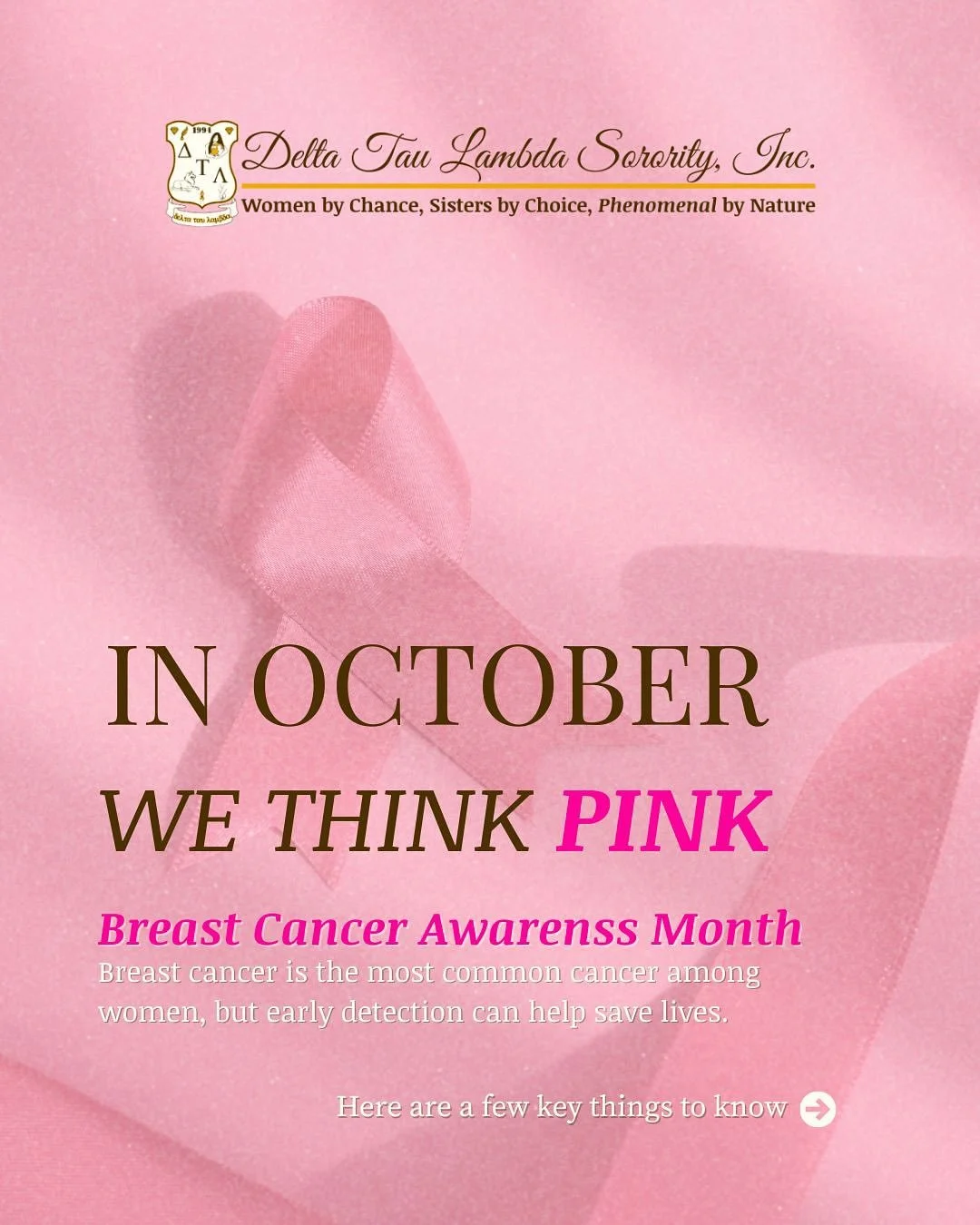 🩷October is Breast Cancer Awareness Month!

🤎Delta Tau Lambda Sorority, Inc., is deeply committed to raising awareness &amp; supporting the fight against breast cancer. Together, we stand united in our mission to educate, empower, and make a differ