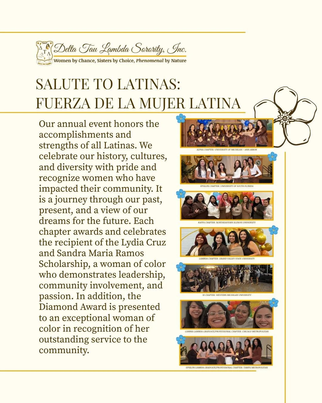💎 Our annual event, Salute to Latinas: Fuerza de la Mujer Latinas, unites every chapter of Delta Tau Lambda Sorority, Inc. as we honor the strength, brilliance, and resilience of Latinas across our communities.

💛 Take a look at the 2025 recaps!

?