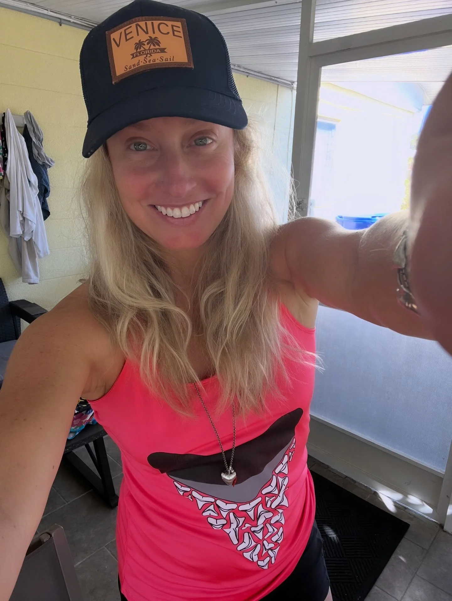 Going full Venice tourist 
Women&rsquo;s dive day tank @meggoddessdesigns 
Sterling Meg tooth pendant @theresaapplegatejewelry 
Random trucker hat @ ???