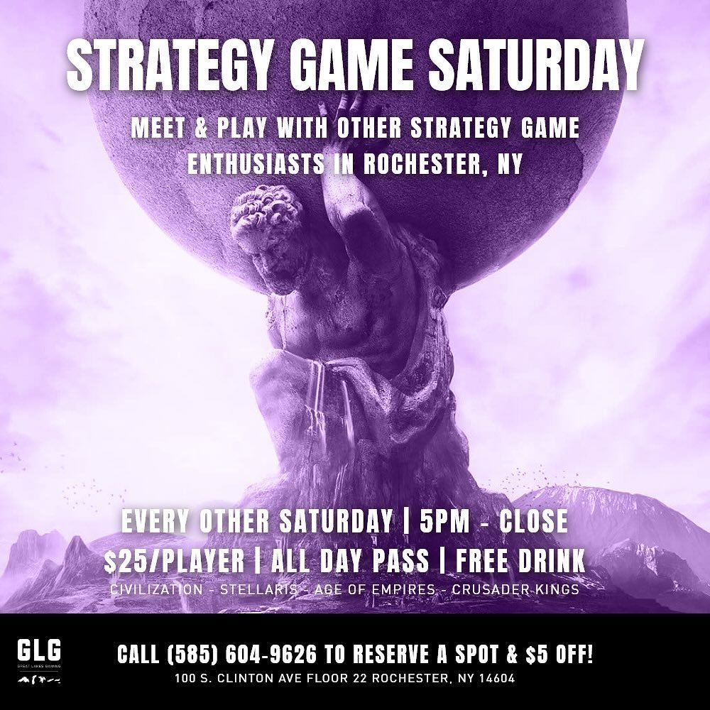 Join us tonight at the lounge for some strategy games! Let&rsquo;s play some stellaris, civilization or whatever game you love! 

The GLG Lounge is located on the 22nd floor, with incredible views of the city and fiber fast internet with @greenlightn