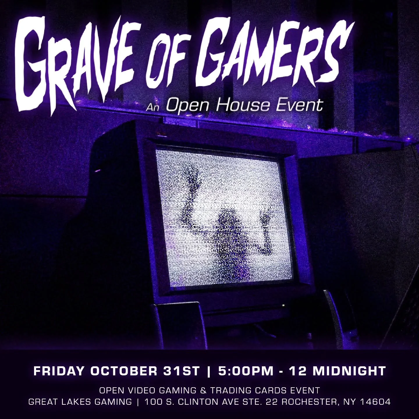 Stop by GLG on Halloween night for Grave of Gamers, our annual open house๐
We'll have free play on our console and computer setups and TCG Trade Night in our event room! 
Take a break from trick-or-treating or meet up with friends for spooky games