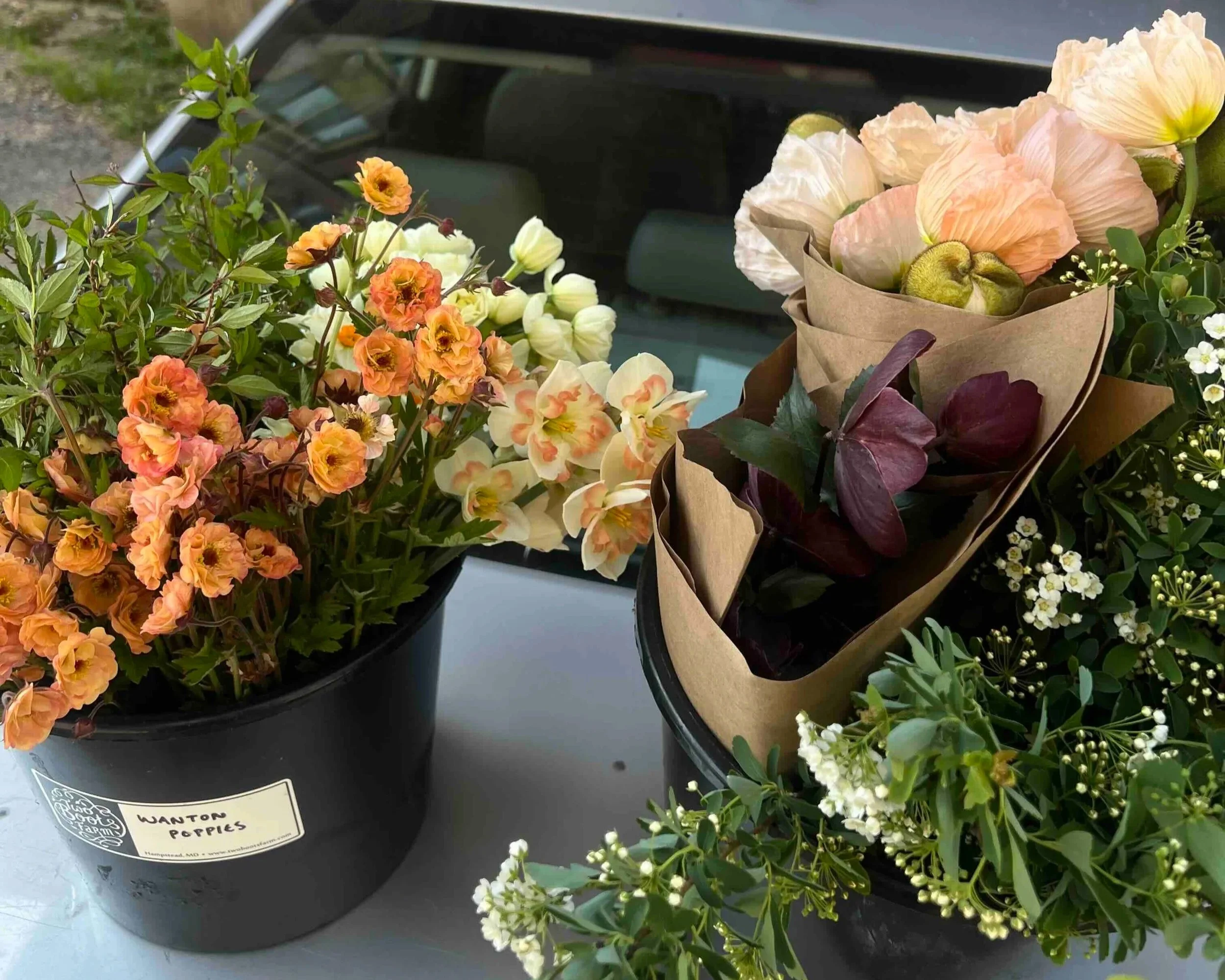 spring wedding flowers in Maryland featuring poppies, spirea and daffodils