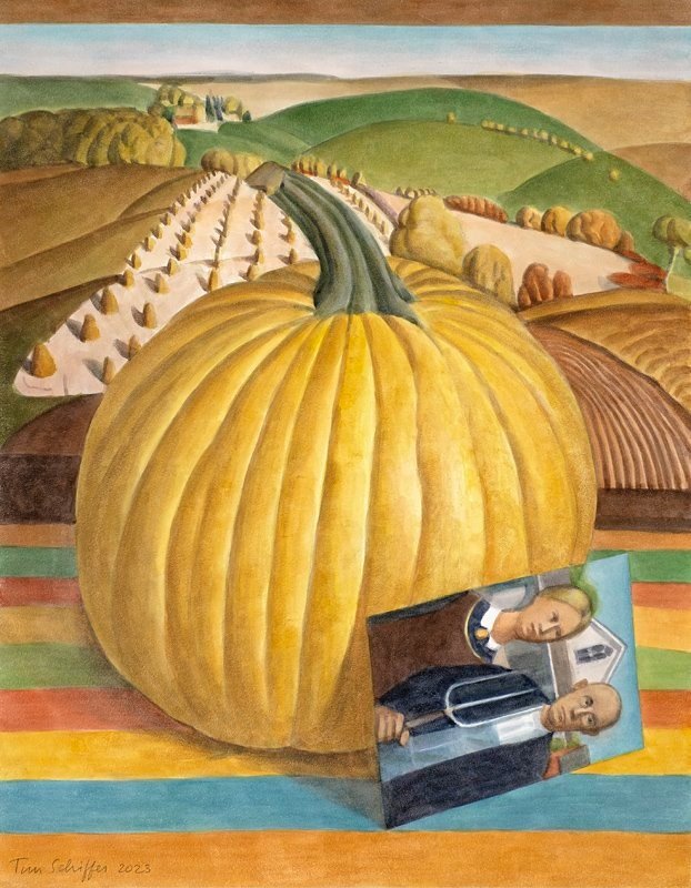 Yellow Pumpkin with Fall Plowing and American Gothic Sideways