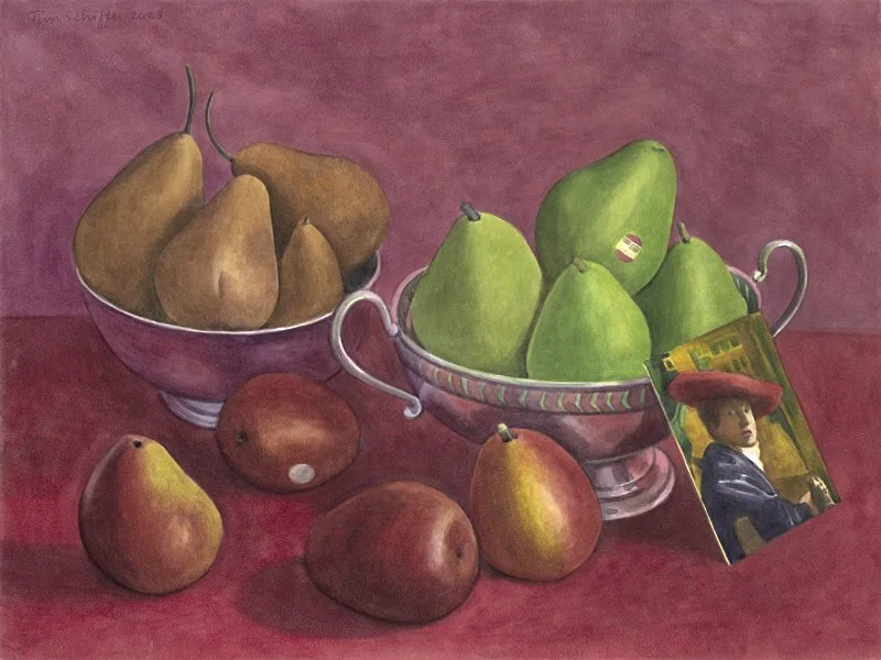 Three Kinds of Pears with a Postcard by Vermeer
