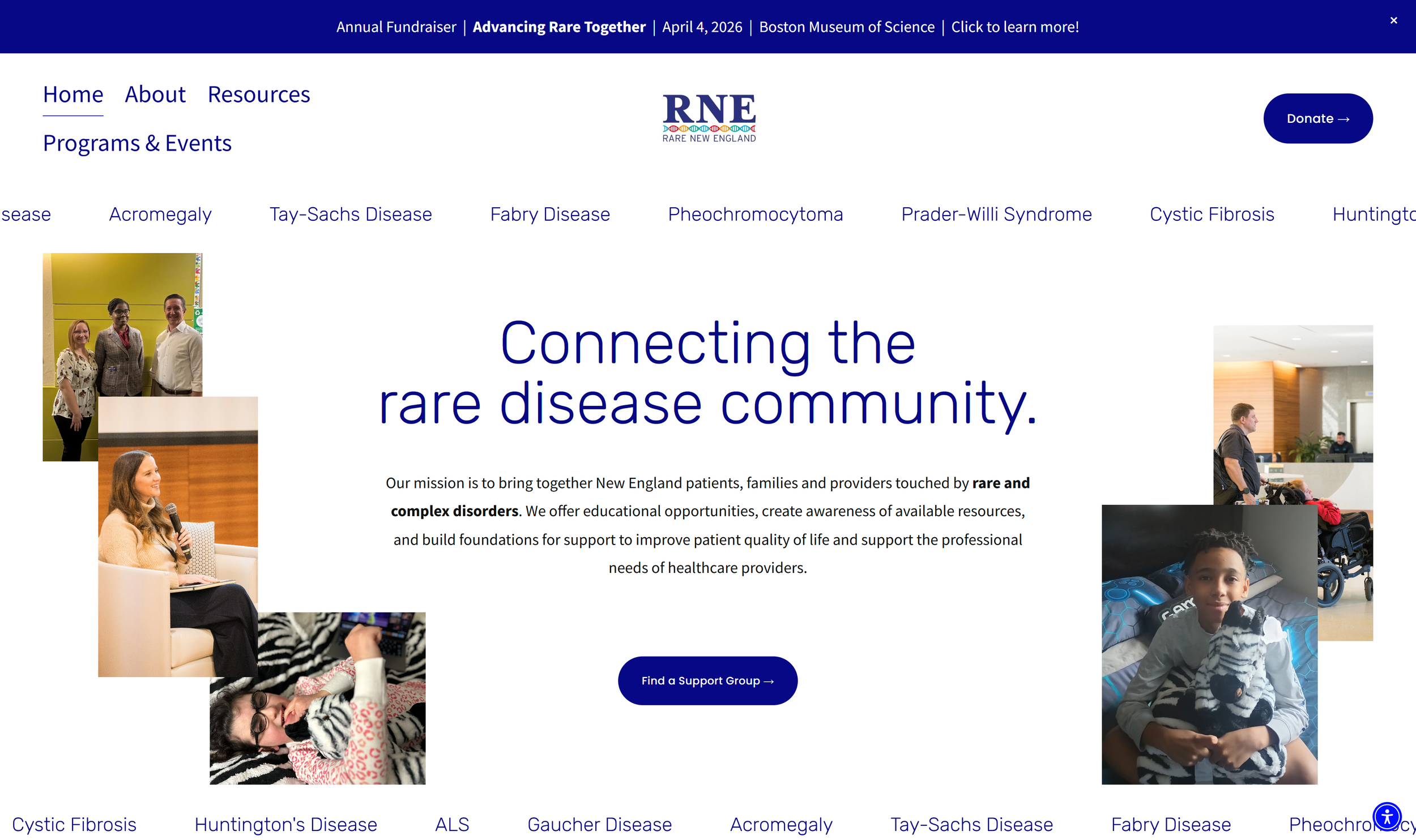 The webpage of the Rare New England organization features a blue header with white text, a navigation menu, and a prominent white section with the message "Connecting the rare disease community" accompanied by images of diverse patients and caregivers on the left and right sides. The page includes links to various disease-specific resources and a blue button labeled "Find a Support Group."