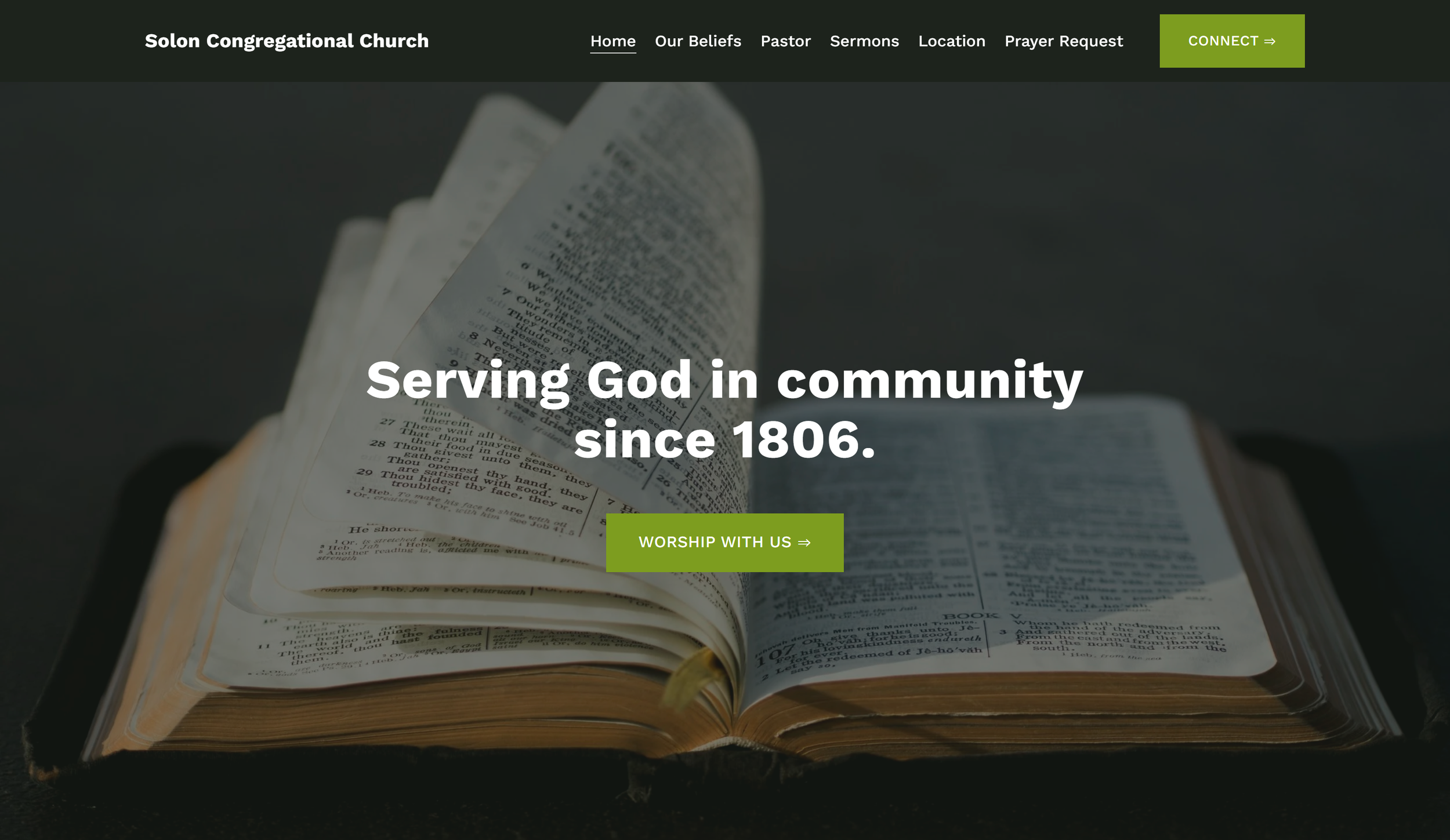 Screenshot of Solon Congregational Church website homepage featuring an open Bible with the text 'Serving God in community since 1806' overlaid, and buttons for 'Worship with us' and navigation menu at top.