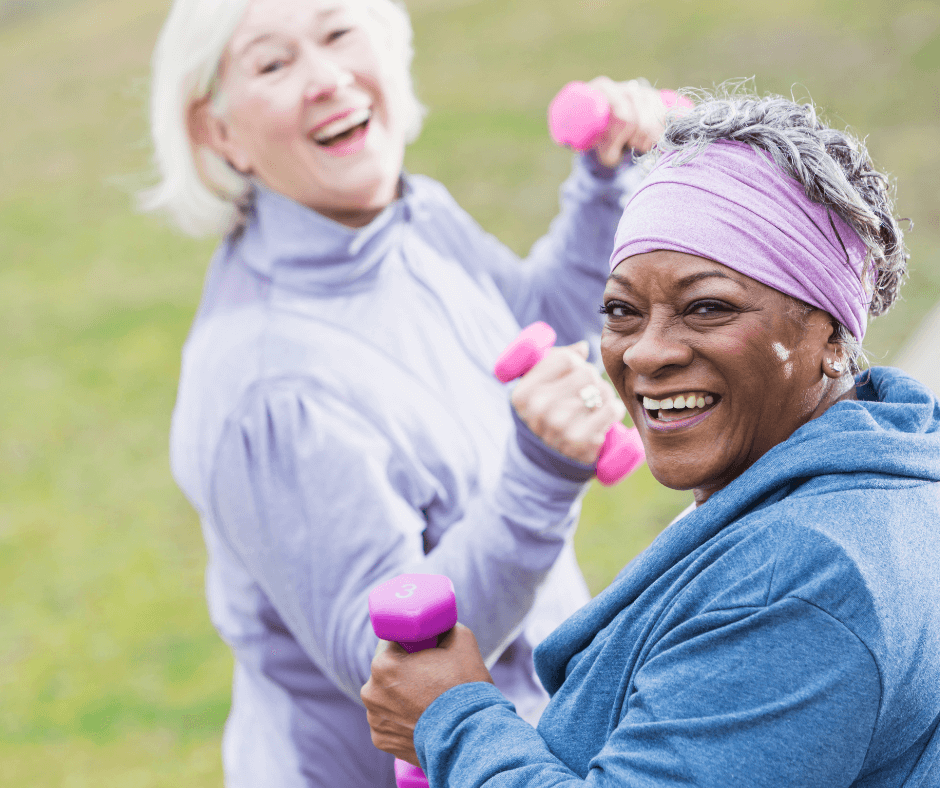 InHouse Pilates blog The benefits of being active image 2 smiling women exercising outdoors.