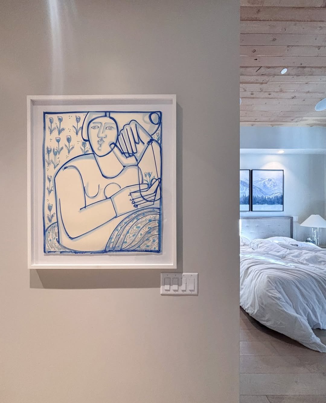 Loving this lovely and serene bedroom and the sneak around the corner to the cozy bed. 
First, what wall paint color is this, because I know multiple people looking for the perfect off-white shade, and that looks like it's it.
Second, can we normaliz