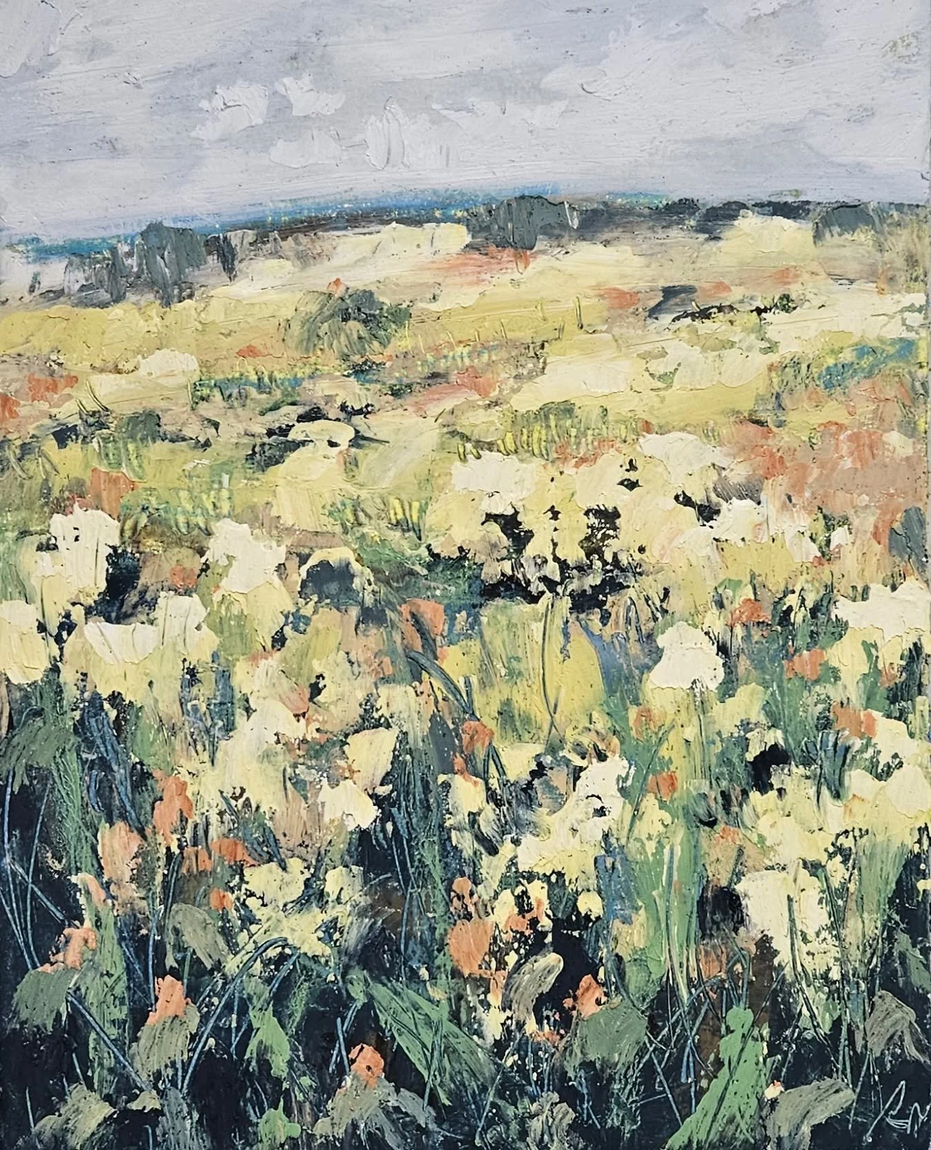 A couple experiments in cold wax and oil from recent. With the winter storms elsewhere and our lack of snow, I need something bright and cheery today. Imagine yourself in a field of summer wildflowers with me.