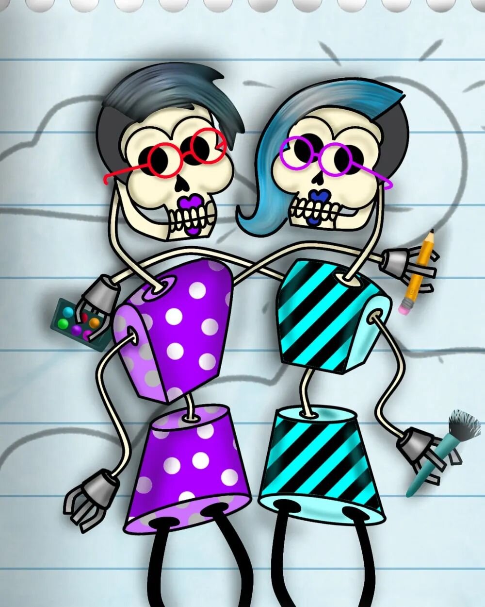 One of my favorites, my sister and me was bots! 

#SKELLYBOTS #skeletons #skulls #siblings #sisters #drawing #digitaldrawing #digitalart #techspressionism #calacas #calaveras #polkadots #stripes 
@bella_muerte13