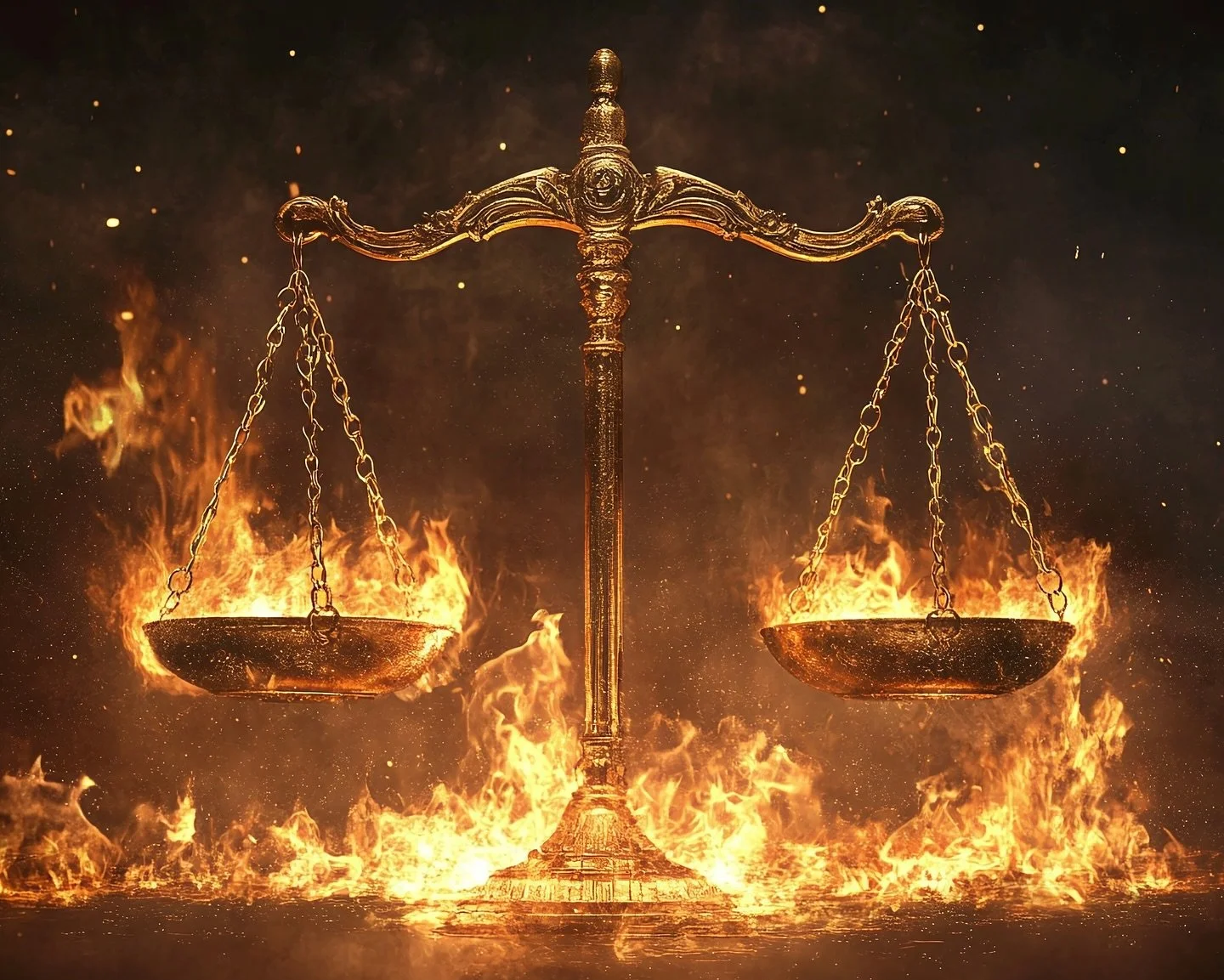 Golden scales of justice on fire.
Not broken. Just burning.

And when the heat rises &mdash; truth becomes harder to hold onto.
Suddenly, the law feels less like protection&hellip; and more like a test.

That&rsquo;s the world we live in now.
Where d
