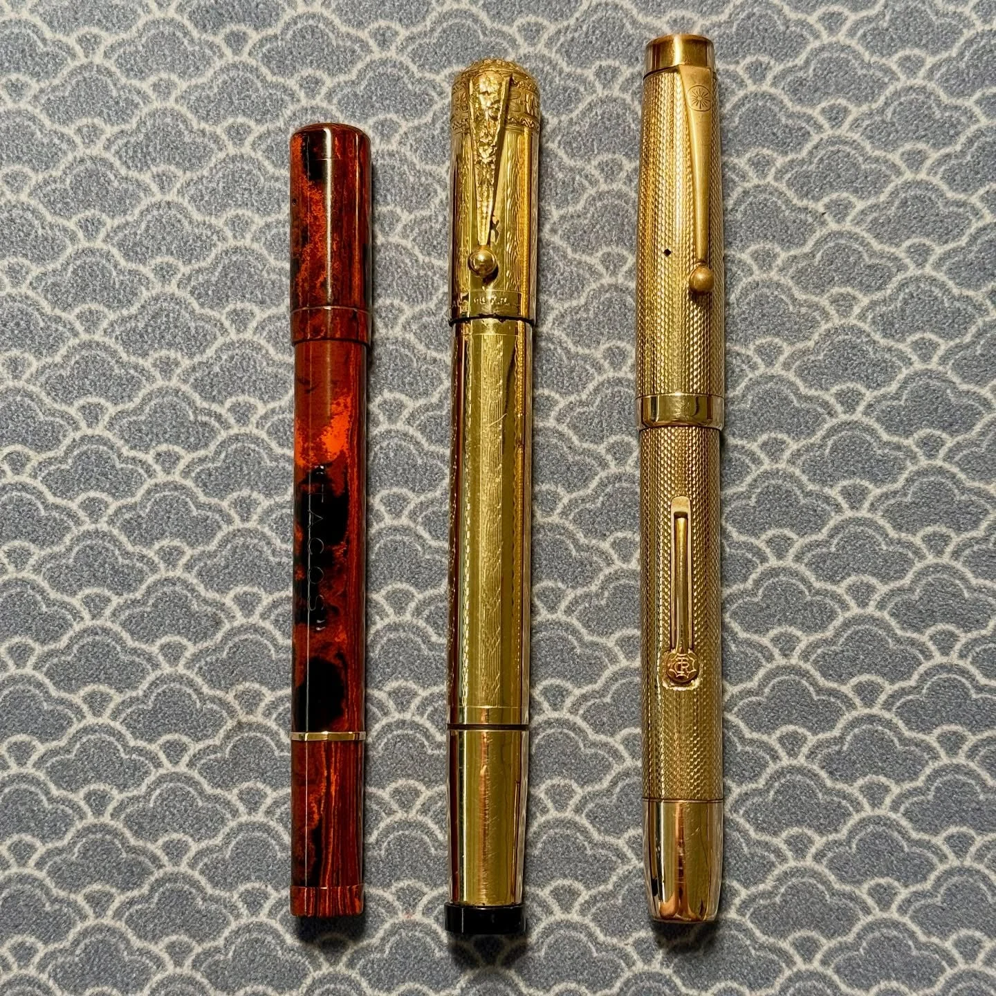 Two beautiful safeties and a Gold-Filled Overlay Onoto!

1. $220 Tray 14-3. Tacos French Mottled Safety Pen, 9k solid gold Barrel Band #2 Curzons 14ct gold Nib

2. $250 Tray 14-2 Unbranded Italian Safety Pen, 18k Rolled Gold Overlay, #2 14k gold nib
