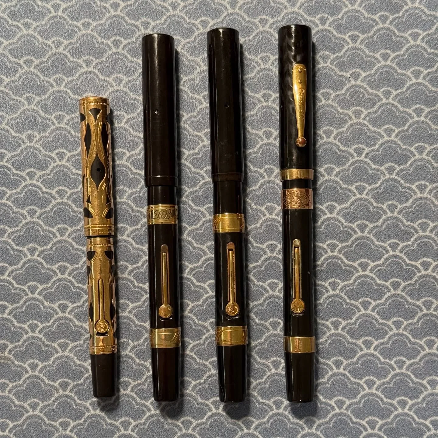 Some cool watermans~

1. $350 Waterman 0512 1/2 PSF &ldquo;Vines&rdquo; Gold-Filled Overlay, #2 CAN nib
2. $380 Waterman 52 Double Gold-Filled Floral Bands, #2 PAT. nib, personalized &ldquo;DL&rdquo;
3. $330 Waterman 52 Double Gold-Filled Floral Band