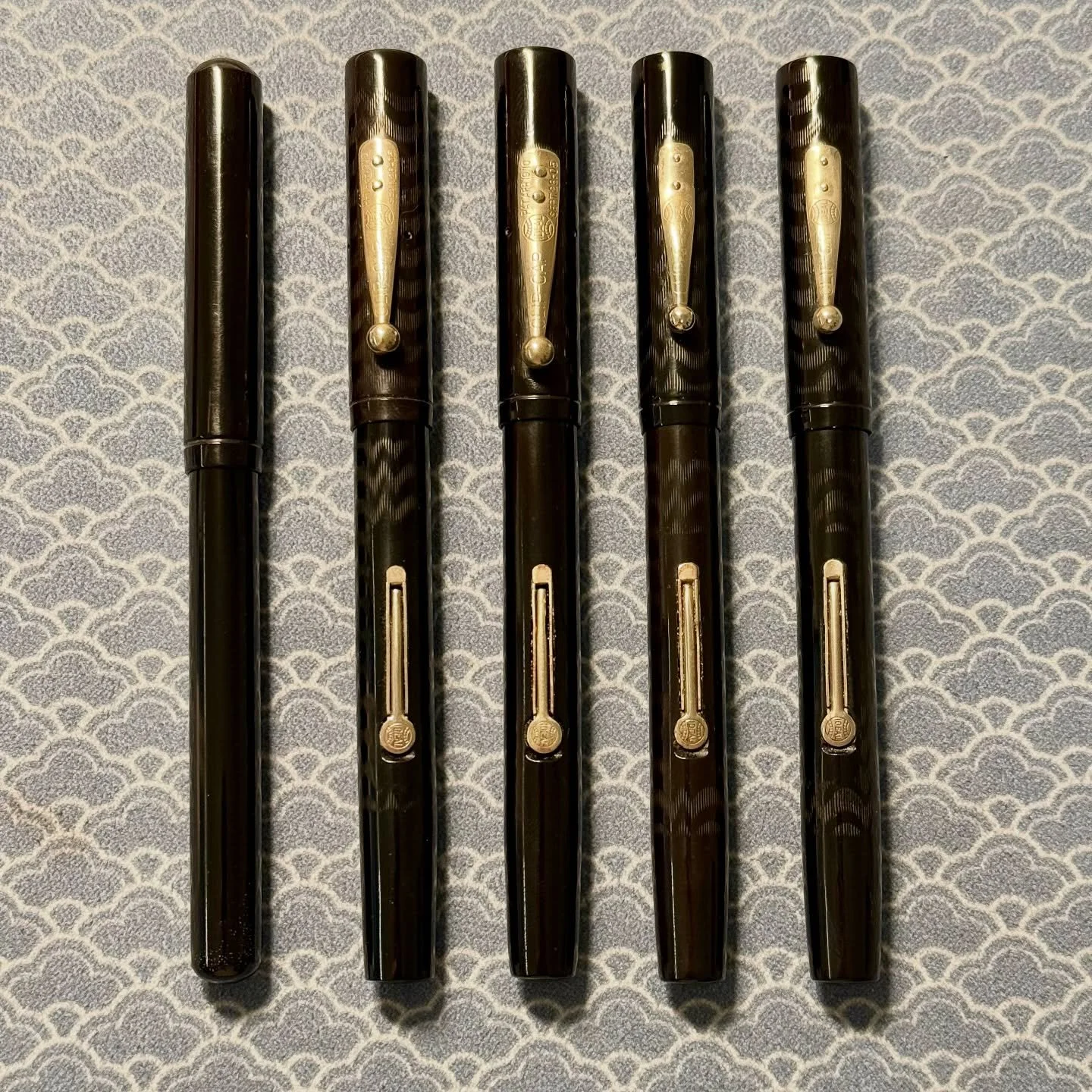 Amazing flexible Waterman 52 pens for entry to experienced calligraphers!

1. $200 Tray 19-6. Unbranded Eyedropper, #44 Warranted 14k nib
2. $350 Tray 19-7. Waterman 52 BCHR NPT Early Clip-Cap, #2 NY nib
3. $330 Tray 19-8. Waterman 52 BCHR NPT Early 