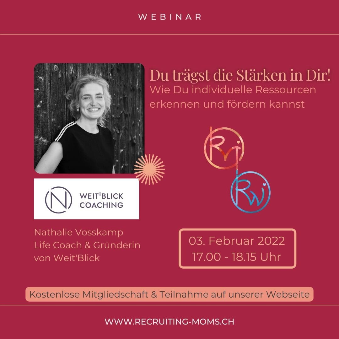 Liebe Recruiting Moms &hearts; Women Community!

Nachdem wir gemeinsam erfolgreich ins neue Jahr gestartet sind, tanken wir mit Euch nochmal Energie, um 2022 zu einem besonderen Jahr zu machen! 🔋💪
Life Coach Nathalie Vo&szlig;kamp l&auml;sst Euch E