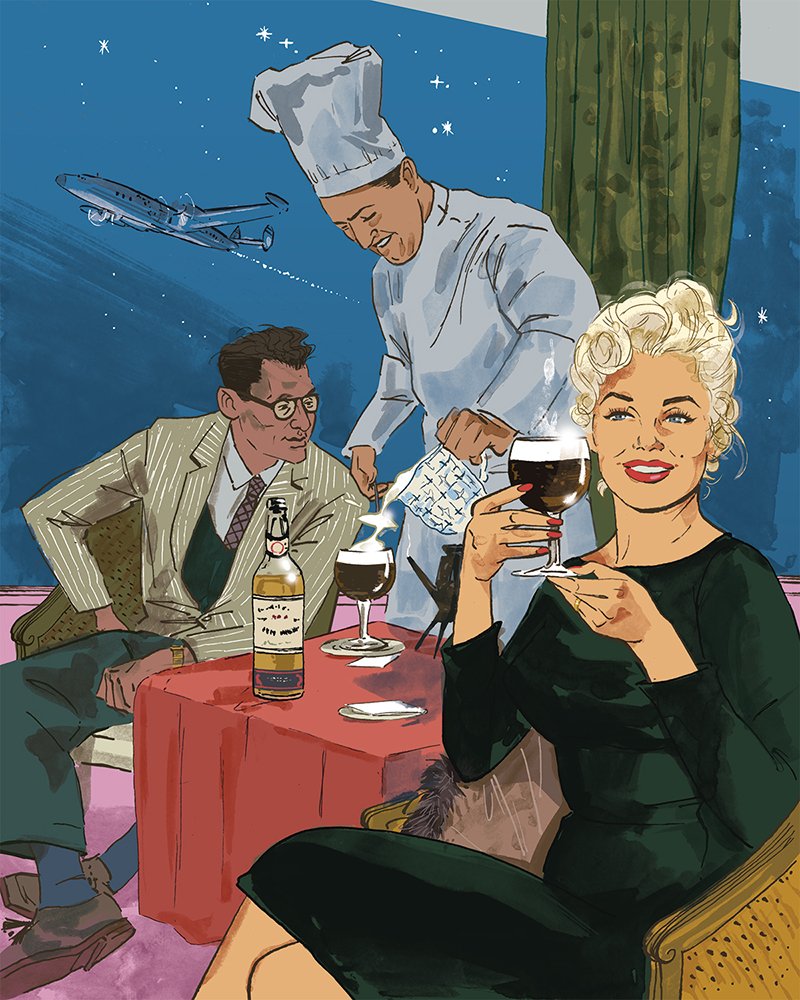  Imbibe Magazine - Jan/Feb 2022  Marilyn Monroe and Arthur Miller enjoy an Irish coffee at the Shannon Airport, 1955.   Spot Illustration: Coffee Talk — The legend of Irish Creme  AD: Molly Henty 