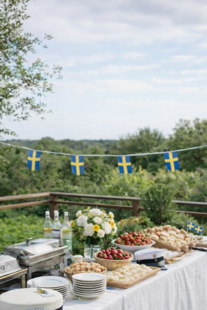 Studentfirande med ett utomhusbord med champagne, frukt, kakor och blommor, dekorativ svensk flaggdekoration i bakgrunden.