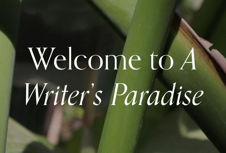 White writing on top of a background of a close up of a green plant