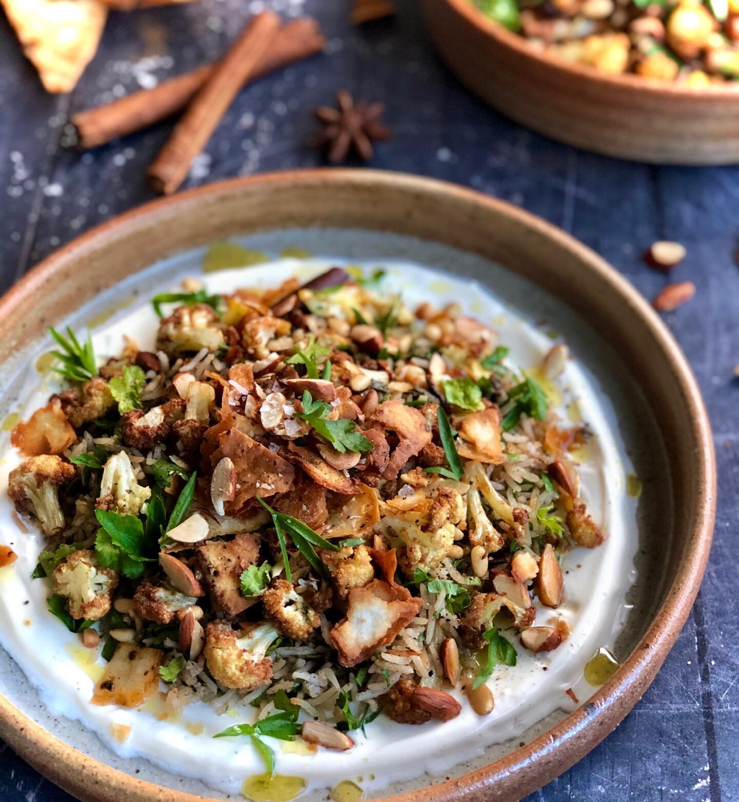 Loaded Middle Eastern spiced rice. Part biryani, part pilaf, part fatteh and 100% yum!
Plates by the talented Sandra Bowkett.
Click on the link in my bio for this recipe.