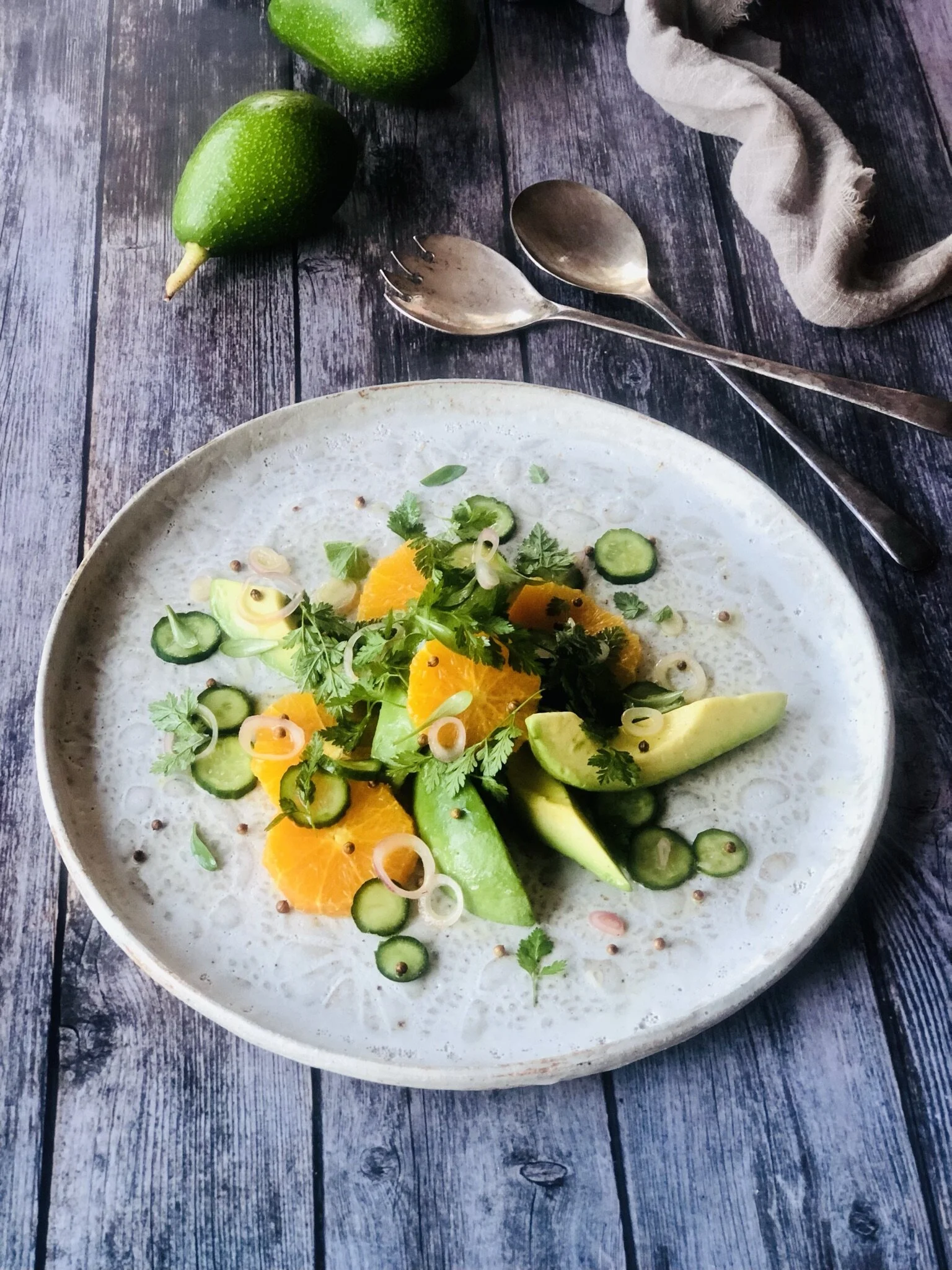 Orange and Avocado Salad with Pickled Shallot and Cucumber 