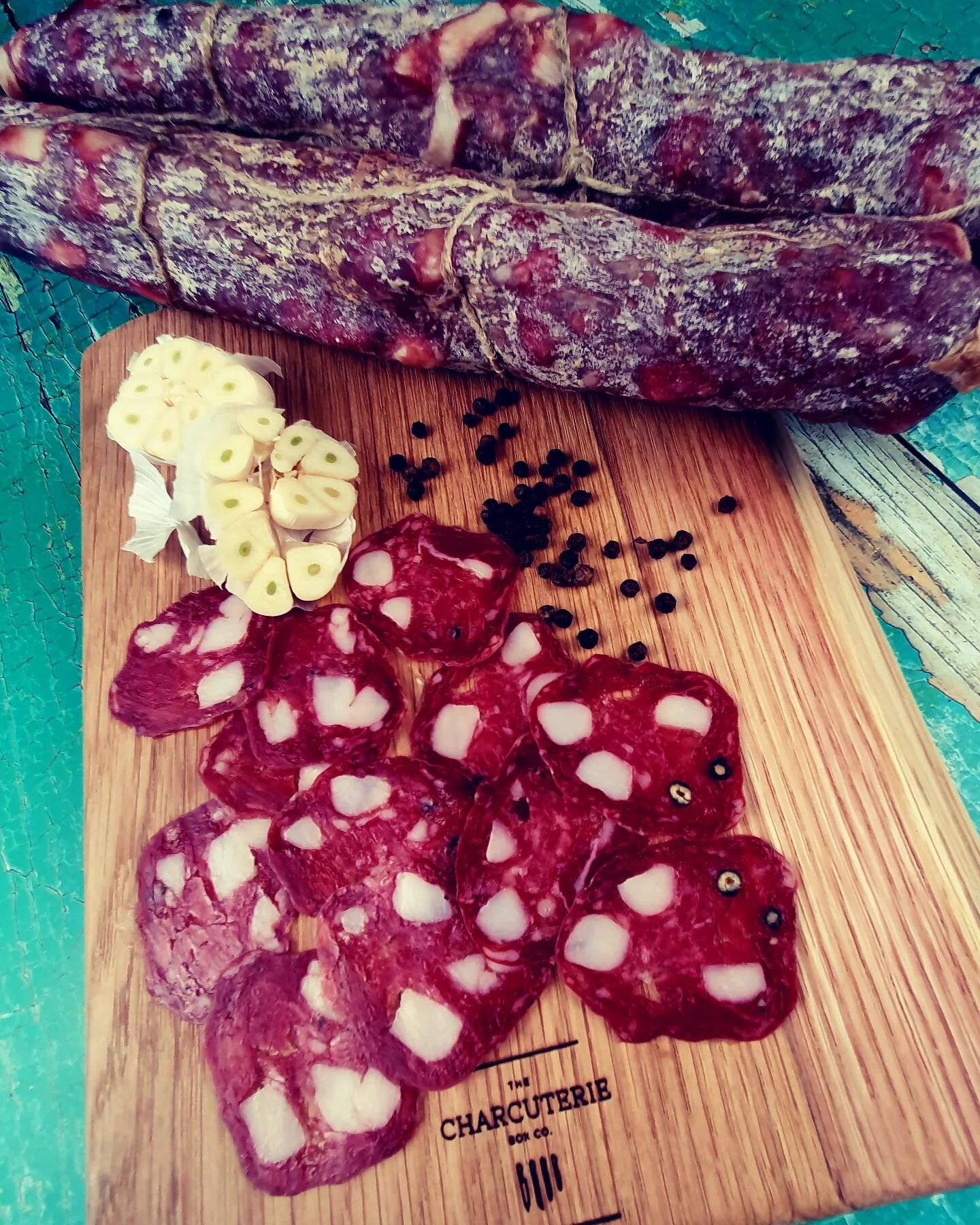 Britain's best salami? You decide.....

This Garlic &amp; Pepper Salami from the Cotswolds artisan charcutieres @saltpigcuring is a labour intensive creation. The best fat from the back of the pig is hand diced along with lean leg meat and mixed with