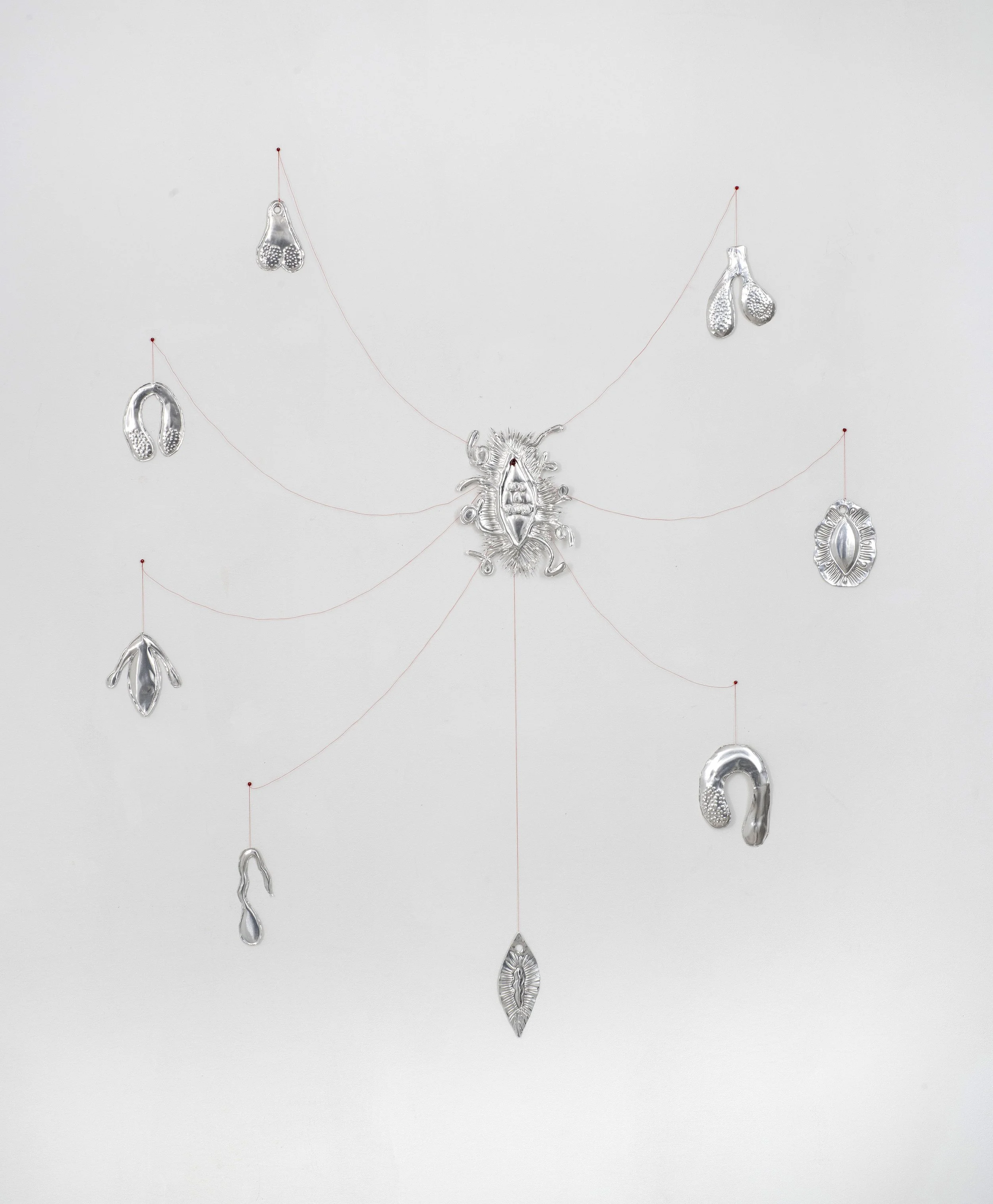 Not a Wound 2, 2025.
Embossed aluminium, cotton thread, glass beads, nails.