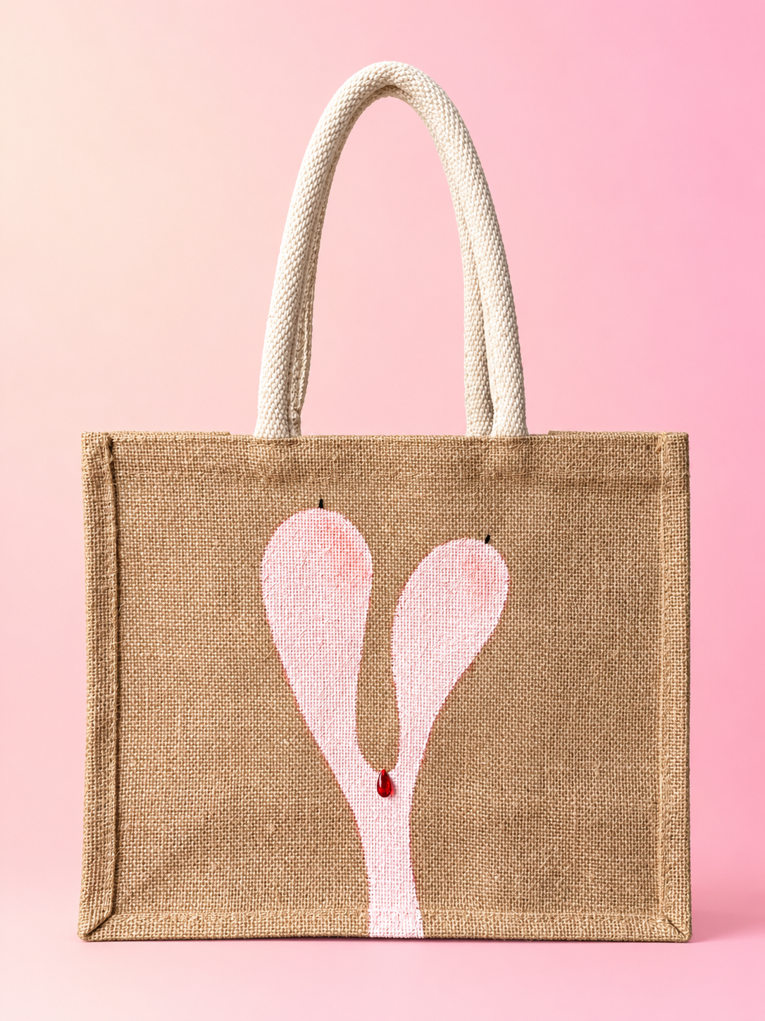RED DROP. Jute bag. Cotton Handle. Acrylic paint. Cotton thread. Red glass drop. W: 31.5cm. H: 27.5cm. D: 14cm. £90 + pp