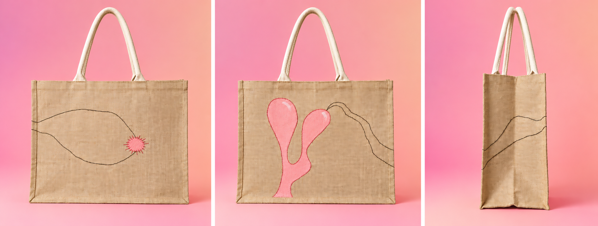 DIFFUSION. Jute bag. Cotton Handle. Acrylic paint. Cotton thread. Fabric material. W: 46cm. H: 36cm. D: 21cm. £120 +pp