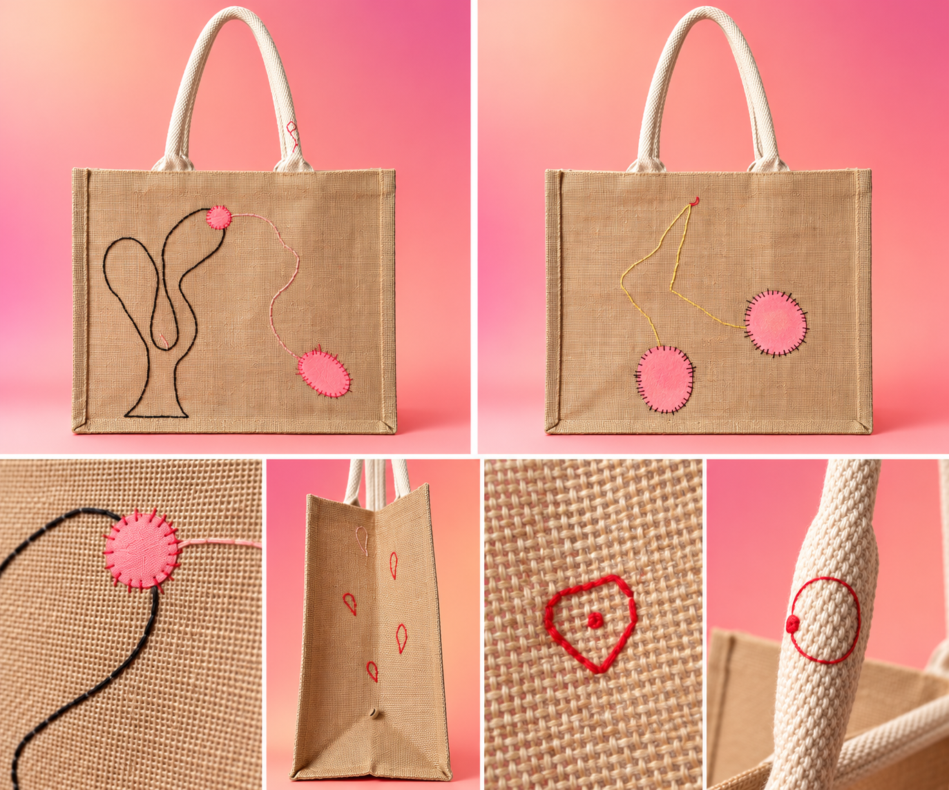 ON ALL FRONTS. Jute bag. Cotton Handle. Acrylic paint. Cotton thread. Metal claw. Fabric material. W: 31m. H: 26cm. D: 15cm.  £100 + pp