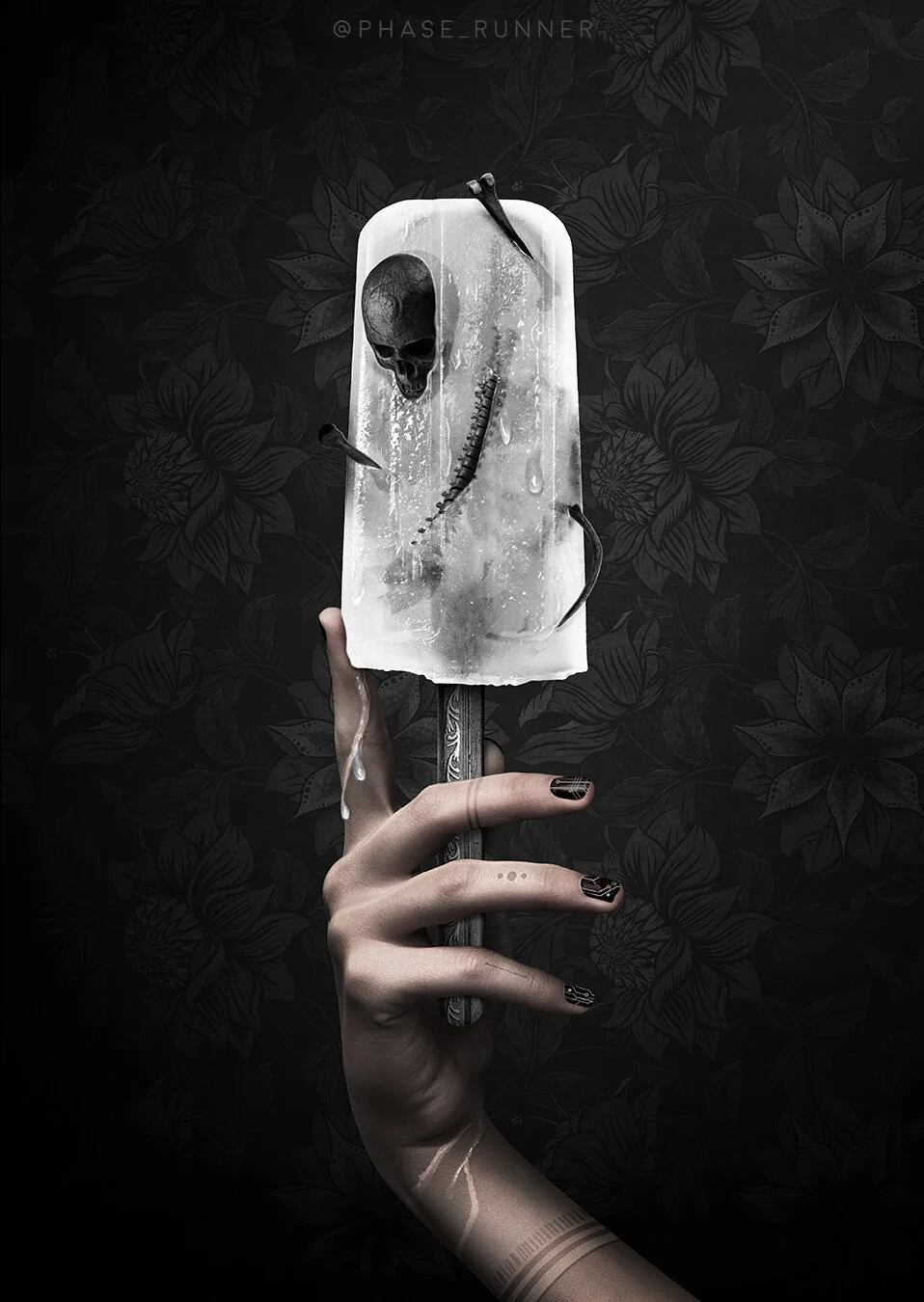 A hand holding a melting ice pop with a skull, a spine, and a dagger inside, against a dark floral background.