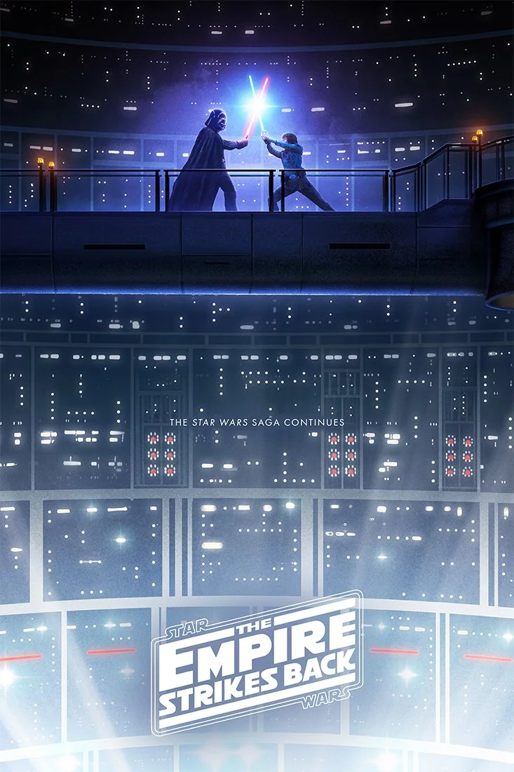 Two characters dressed as Darth Vader and a Jedi engaged in a lightsaber duel on a platform with a futuristic sci-fi background, featuring star wars-themed visuals and the text "The Star Wars saga continues" and "Star Wars: The Empire Strikes Back."