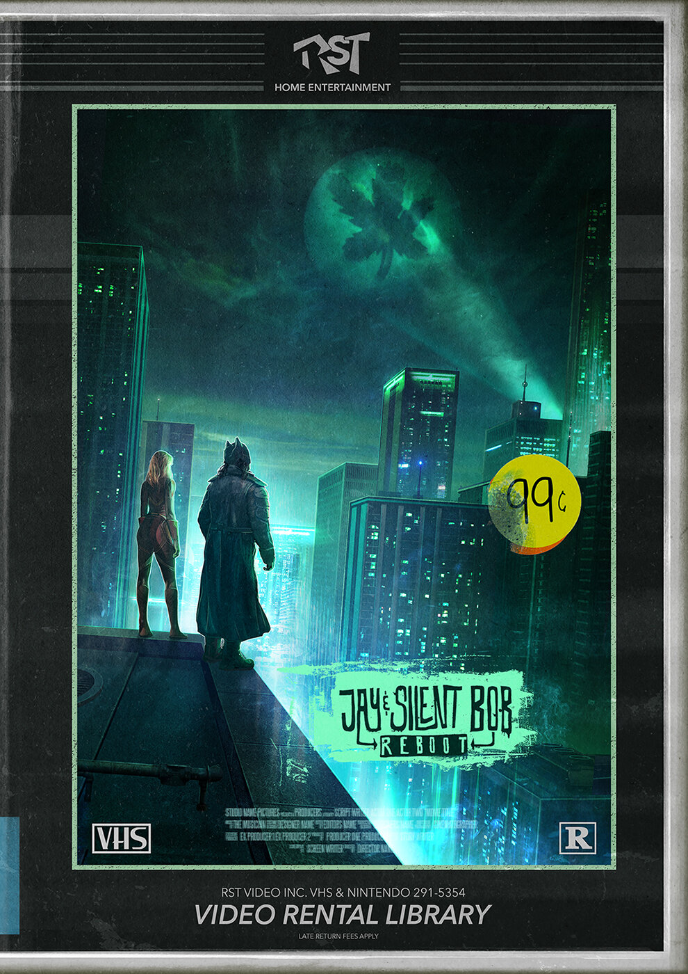 Cover of the video game 'Jay & Silent Bob: Reboot' featuring a futuristic cityscape with two characters, one with a dog mask, standing on a rooftop, looking at a large green moon shaped like a cannabis leaf in the sky. Includes a yellow 99-cent stick
