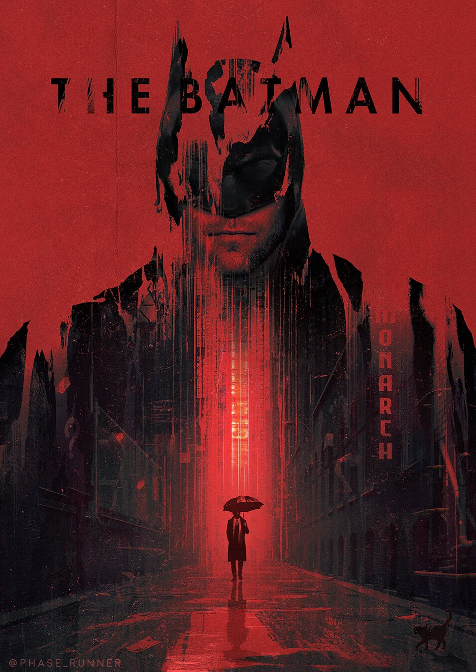Digital artwork poster for 'The Batman' featuring a dark, dystopian city street scene in red tones. A silhouette of a person holding an umbrella walks down the street, with an imposing, partially obscured Batman face looming overhead.